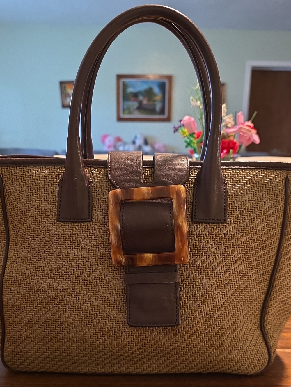 Adrienne Vittadini Brown Woven Tote with Tortoiseshell Buckle